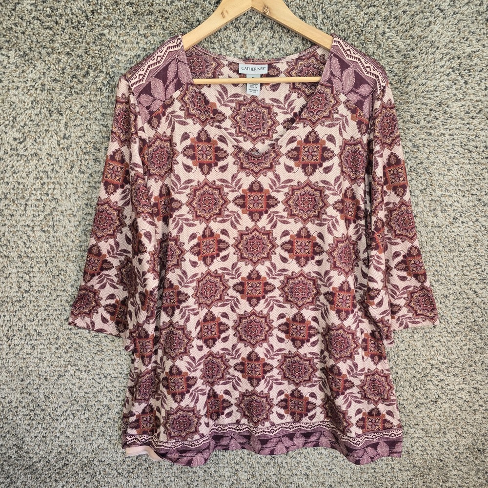 Catherines Top Womens Plus 1X 18/20W Purple Floral Print V Neck Blouse Stretch